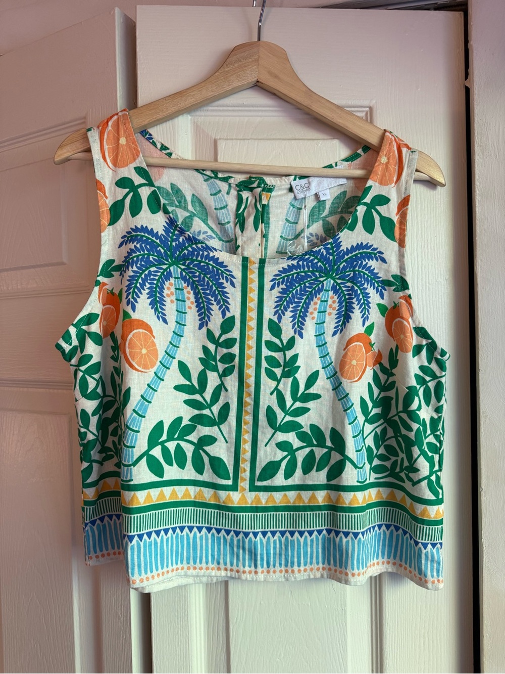 C&C California | Palm & Citrus Print | Sleeveless Crop Top | Linen blend